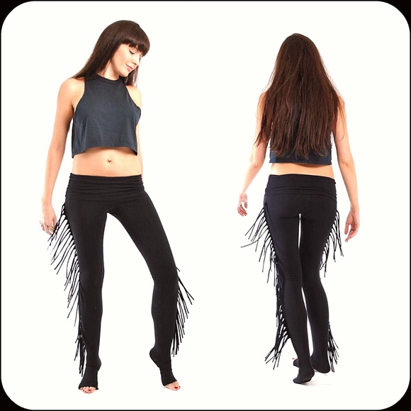 Extra Long Black Fringe Leggings - Yoga Workout Pants Boho Rocker Hippie Style - Picture 2 of 3